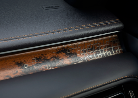 A close-up shot of the 2025 Lincoln Aviator® dashboard with unique black and brown accents, and brown stitching. | Friendly Lincoln in Monroe MI